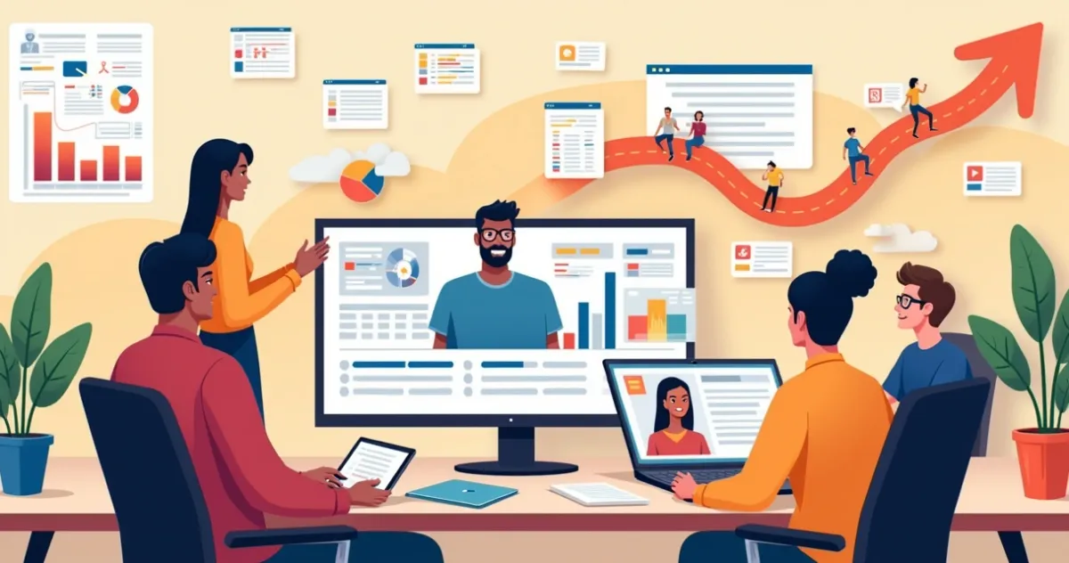 Equipe de atendimento ao cliente usando software de CRM em um escritório moderno, com gráficos e notas adesivas.